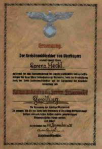 1938: Ernennungsurkunde Lorenz Heckl zum Kommandanten